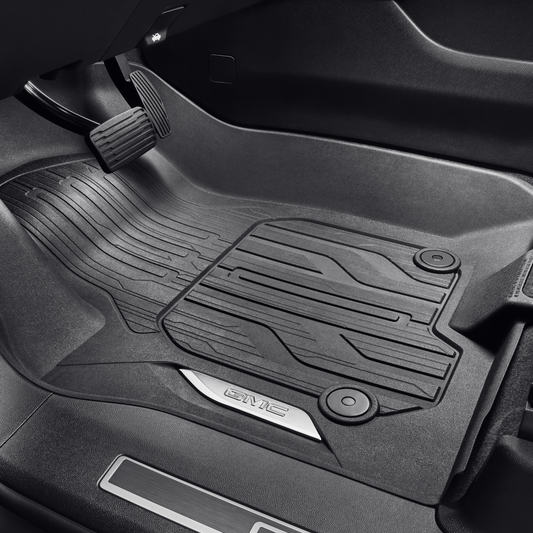 GMC floor liners - front premium all weather, chrome gmc logo, jet black 84776601